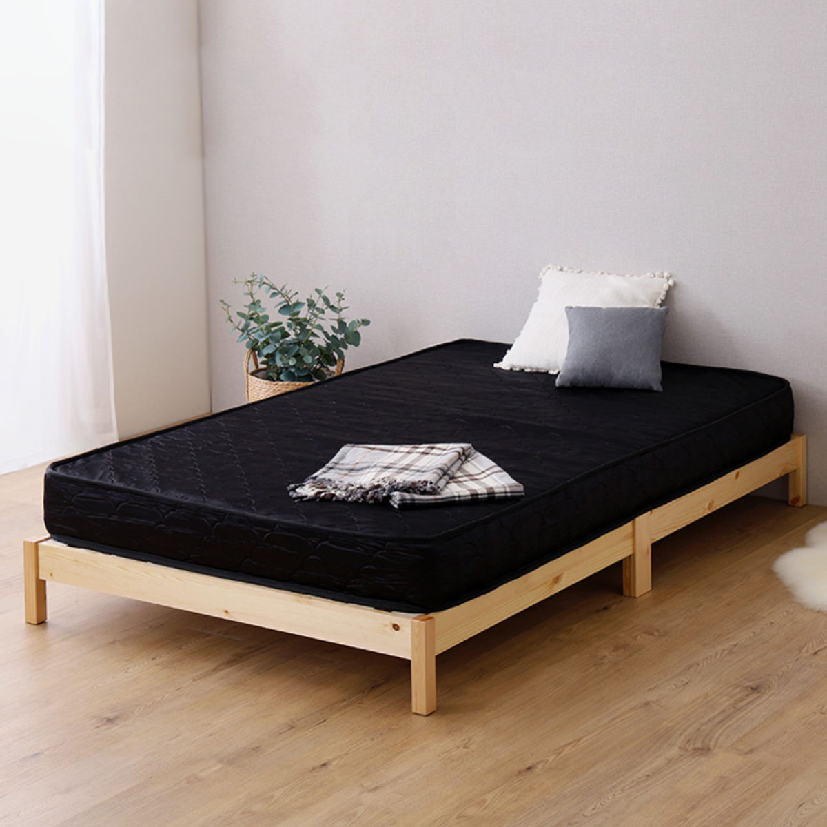 組立簡単ベッド セミシングル ポケットコイルマットレス付き ( ベッド 組立簡単 天然木 高耐荷重 マットレスセット 2分で完成 耐荷重300kg 工具不要 お掃除ロボット対応 ) 【ナチュラル×ホワイト】 ナチュラル×ホワイト