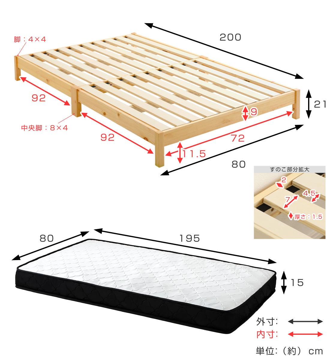 組立簡単ベッド セミシングル ポケットコイルマットレス付き ( ベッド 組立簡単 天然木 高耐荷重 マットレスセット 2分で完成 耐荷重300kg 工具不要 お掃除ロボット対応 ) 【ナチュラル×ホワイト】 ナチュラル×ホワイト