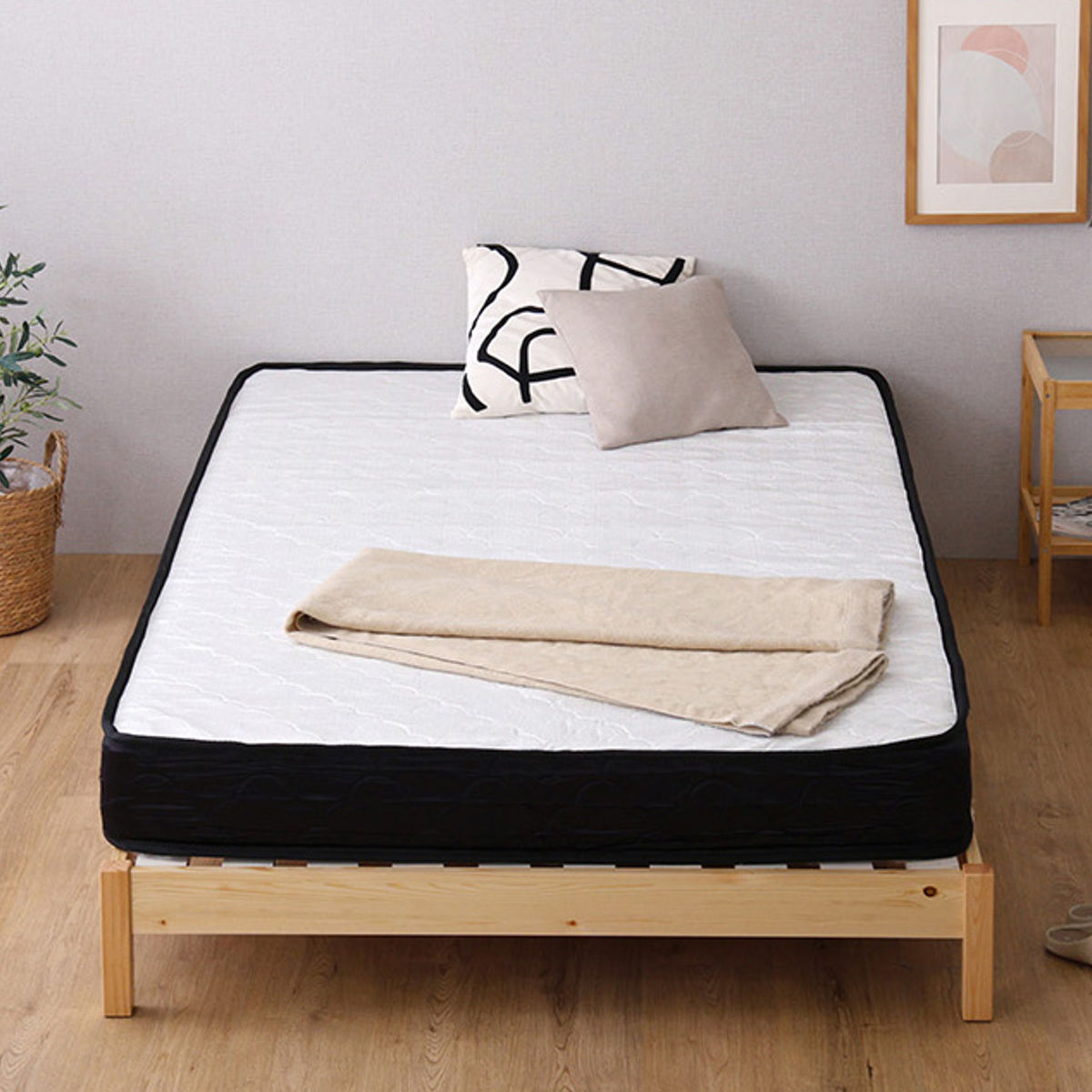 組立簡単ベッド ダブル ポケットコイルマットレス付き ( ベッド 組立簡単 天然木 高耐荷重 マットレスセット 2分で完成 耐荷重300kg 工具不要 お掃除ロボット対応 ) 【ナチュラル×ホワイト】 ナチュラル×ホワイト