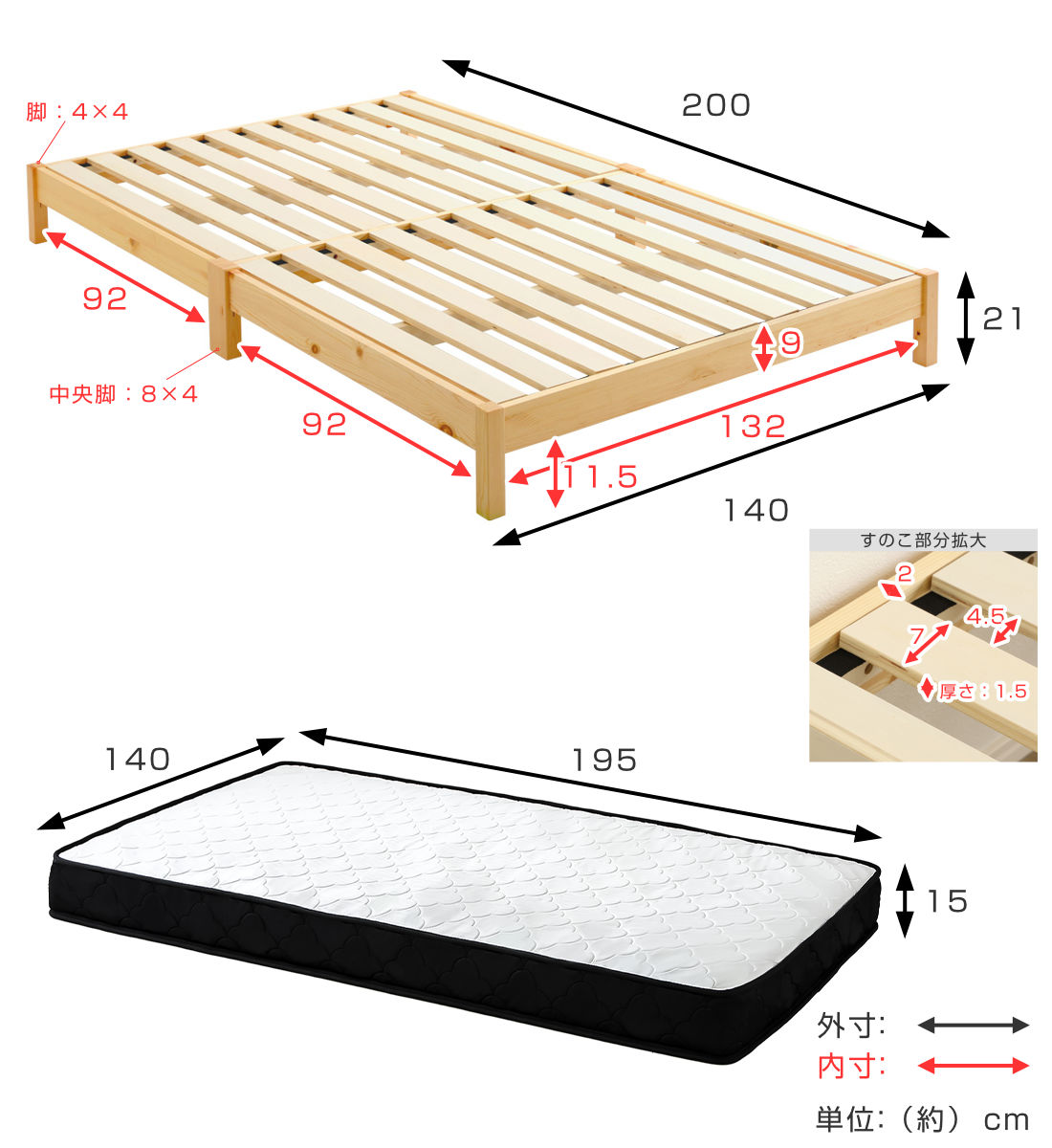 組立簡単ベッド ダブル ポケットコイルマットレス付き ( ベッド 組立簡単 天然木 高耐荷重 マットレスセット 2分で完成 耐荷重300kg 工具不要 お掃除ロボット対応 ) 【ナチュラル×ホワイト】 ナチュラル×ホワイト