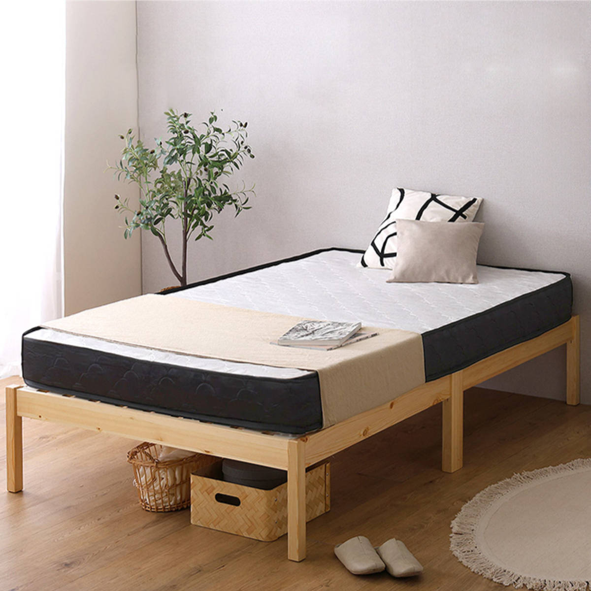 組立簡単ベッド ハイタイプ シングル ポケットコイルマットレス付き ( ベッド 組立簡単 天然木 高耐荷重 マットレスセット 2分で完成 耐荷重300kg 工具不要 お掃除ロボット対応 ) 【ナチュラル×ホワイト】 ナチュラル×ホワイト