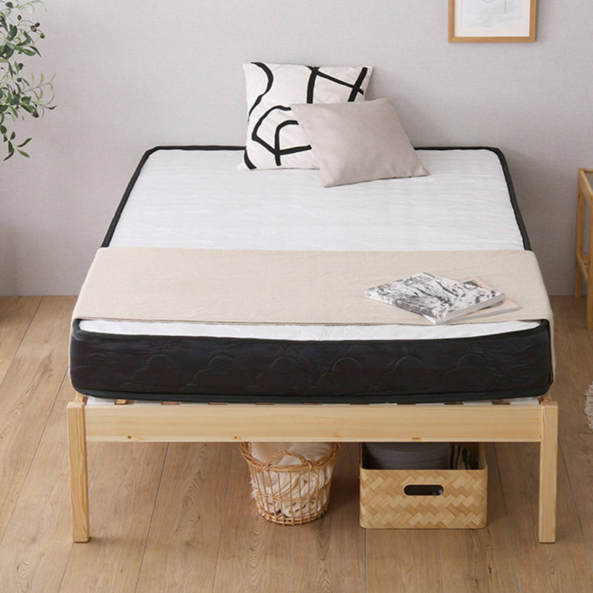 組立簡単ベッド ハイタイプ シングル ポケットコイルマットレス付き ( ベッド 組立簡単 天然木 高耐荷重 マットレスセット 2分で完成 耐荷重300kg 工具不要 お掃除ロボット対応 ) 【ナチュラル×ホワイト】 ナチュラル×ホワイト