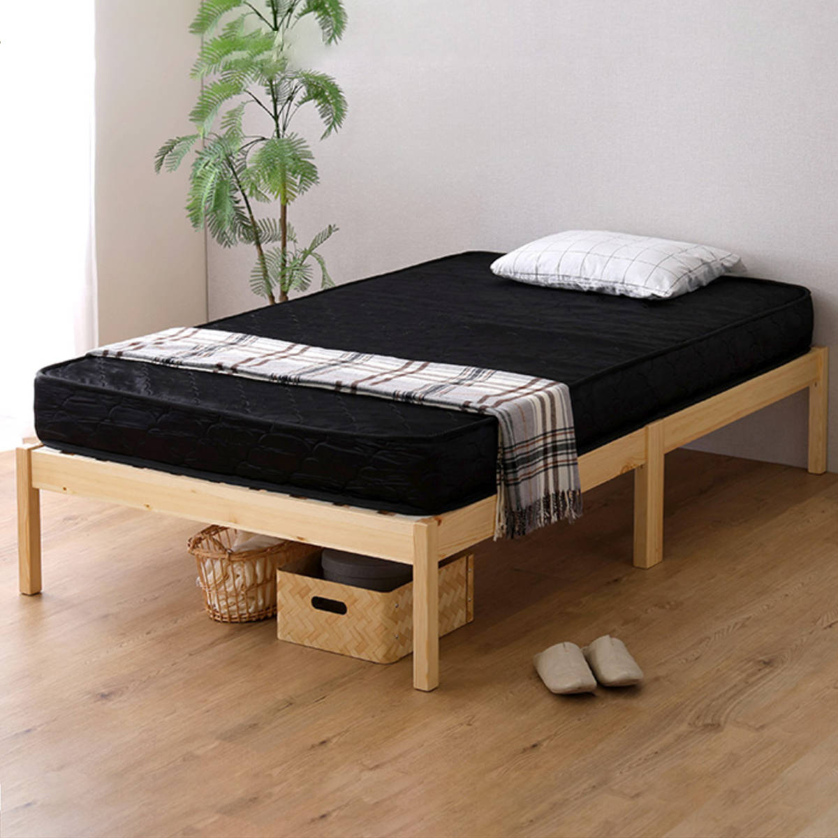 組立簡単ベッド ハイタイプ シングル ポケットコイルマットレス付き ( ベッド 組立簡単 天然木 高耐荷重 マットレスセット 2分で完成 耐荷重300kg 工具不要 お掃除ロボット対応 ) 【ナチュラル×ホワイト】 ナチュラル×ホワイト