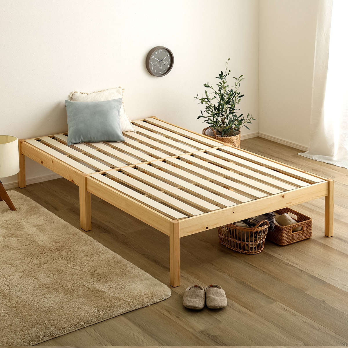 組立簡単ベッド ハイタイプ シングル ポケットコイルマットレス付き ( ベッド 組立簡単 天然木 高耐荷重 マットレスセット 2分で完成 耐荷重300kg 工具不要 お掃除ロボット対応 ) 【ナチュラル×ホワイト】 ナチュラル×ホワイト