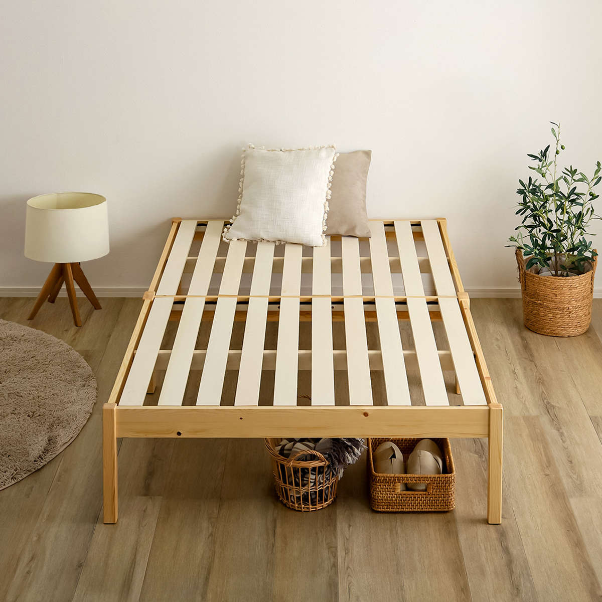 組立簡単ベッド ハイタイプ シングル ポケットコイルマットレス付き ( ベッド 組立簡単 天然木 高耐荷重 マットレスセット 2分で完成 耐荷重300kg 工具不要 お掃除ロボット対応 ) 【ナチュラル×ホワイト】 ナチュラル×ホワイト