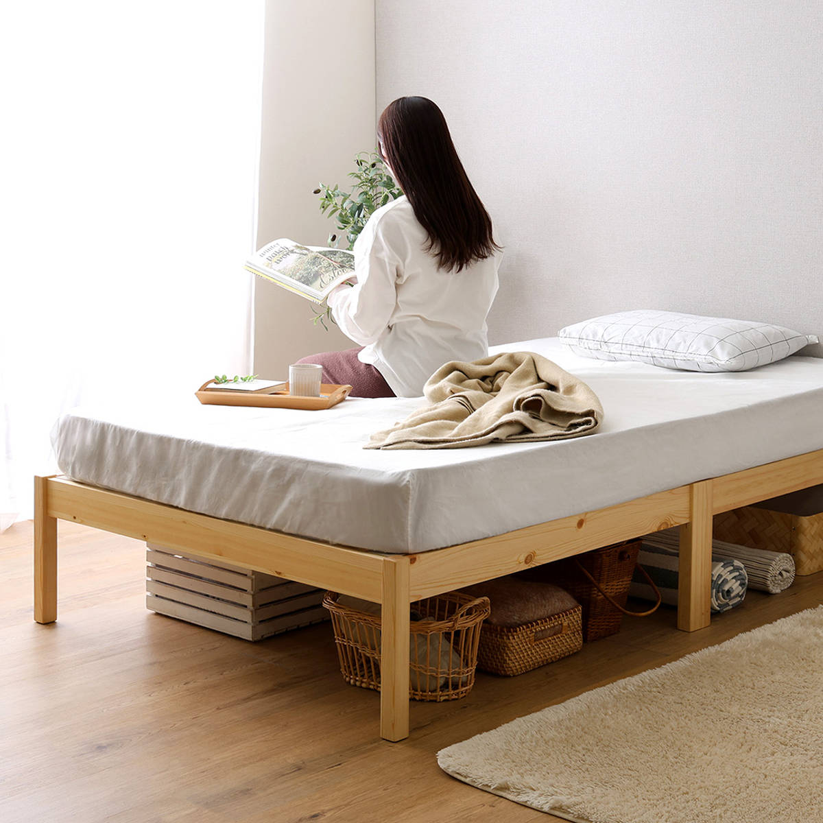 組立簡単ベッド ハイタイプ シングル ポケットコイルマットレス付き ( ベッド 組立簡単 天然木 高耐荷重 マットレスセット 2分で完成 耐荷重300kg 工具不要 お掃除ロボット対応 ) 【ナチュラル×ホワイト】 ナチュラル×ホワイト