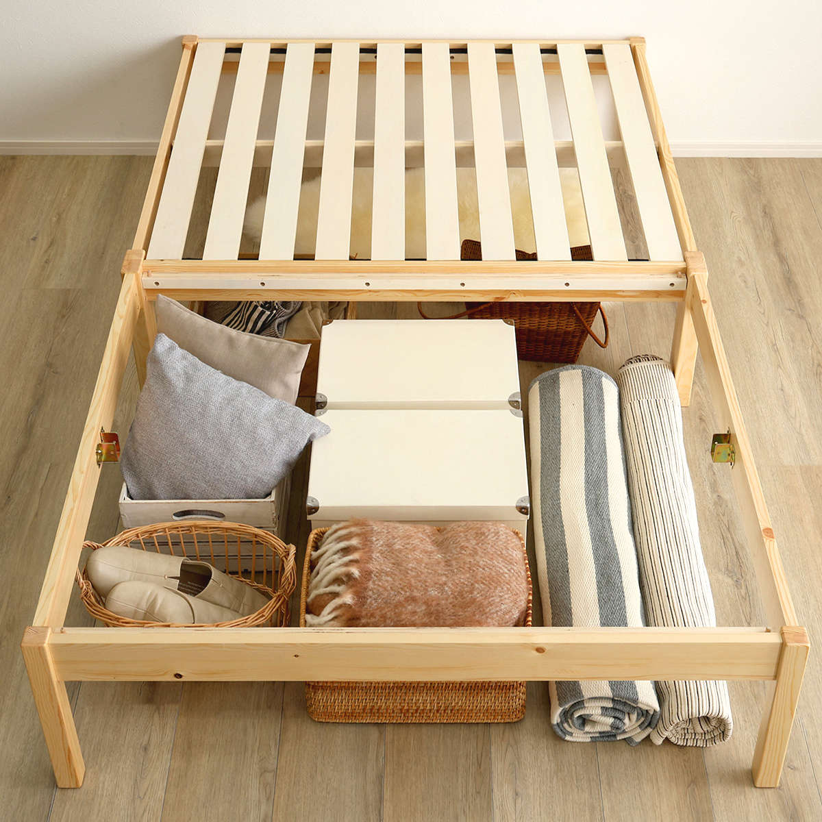 組立簡単ベッド ハイタイプ シングル ポケットコイルマットレス付き ( ベッド 組立簡単 天然木 高耐荷重 マットレスセット 2分で完成 耐荷重300kg 工具不要 お掃除ロボット対応 ) 【ナチュラル×ホワイト】 ナチュラル×ホワイト