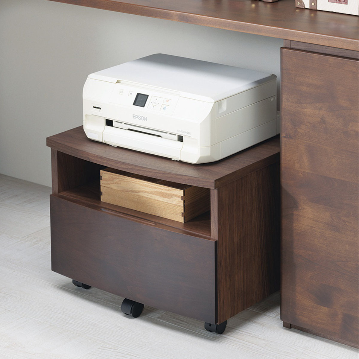 プリンターワゴン 幅52.4cm フルオープン引出し アール ( プリンター台 ワゴン ラック プリンター 収納 木製 天然木 引き出し 完成品 日本製 プリンターラック 棚 アルダー おしゃれ デスクワゴン サイドキャビネット ) 【ウォールナット】 ウォールナット