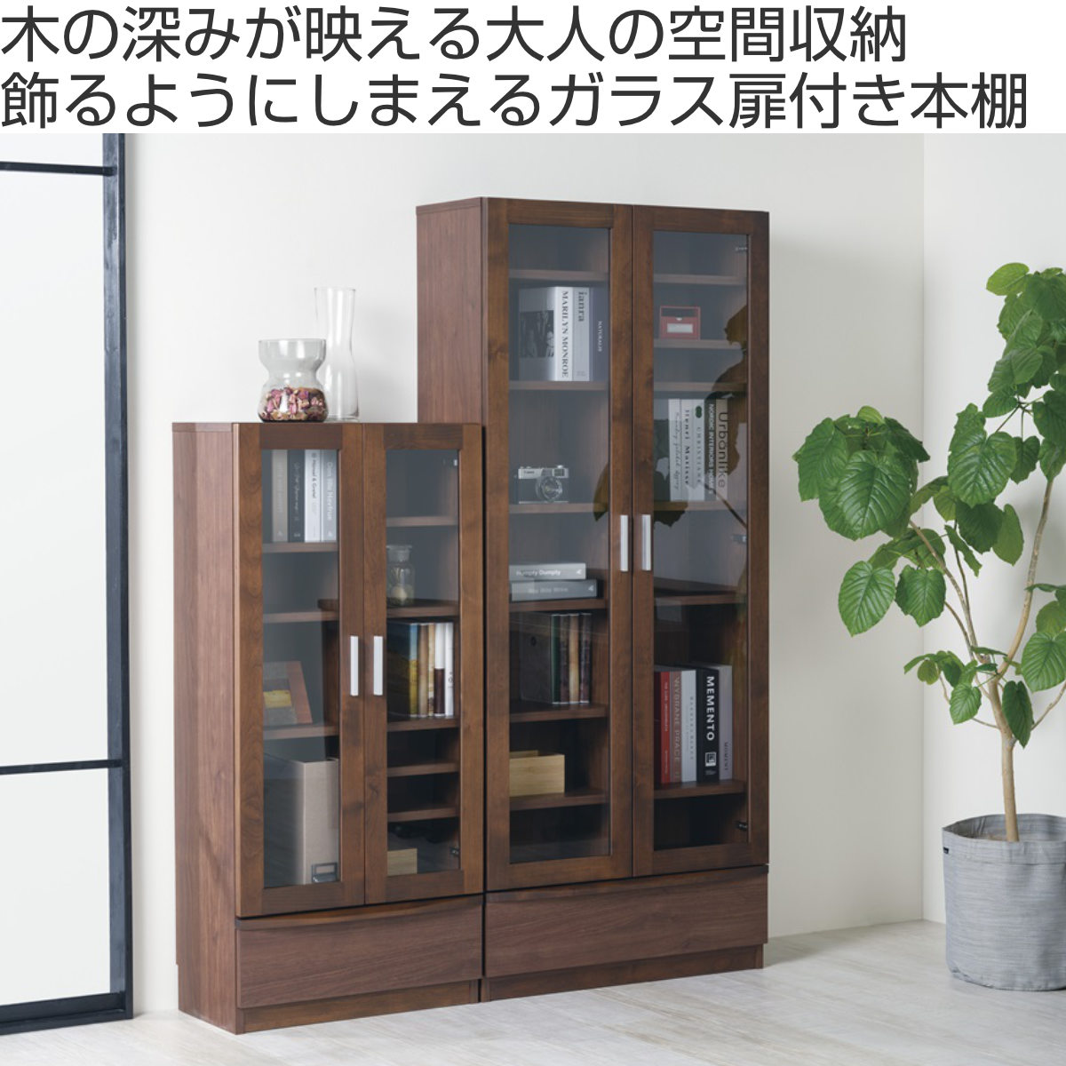 本棚 幅60.2cm 奥行32cm ロータイプ ガラス扉 日本製 完成品 ( 棚 ラック 扉収納 可動棚 収納 アルダー材 書棚 組み合わせ 低ホルムアルデヒド ナチュラル ウォールナット ) 【ウォールナット】 ウォールナット