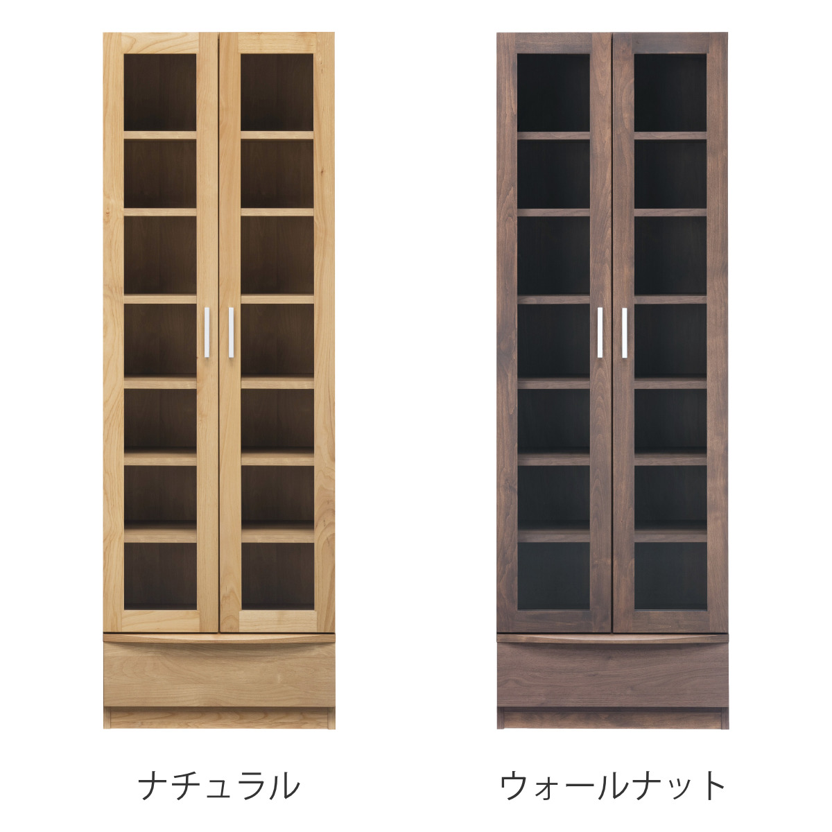 本棚 幅60.2cm 奥行42cm ハイタイプ ガラス扉 日本製 完成品 ( 開梱設置 棚 ラック 扉収納 可動棚 収納 アルダー材 書棚 組み合わせ 低ホルムアルデヒド ナチュラル ウォールナット ) 【ウォールナット】 ウォールナット