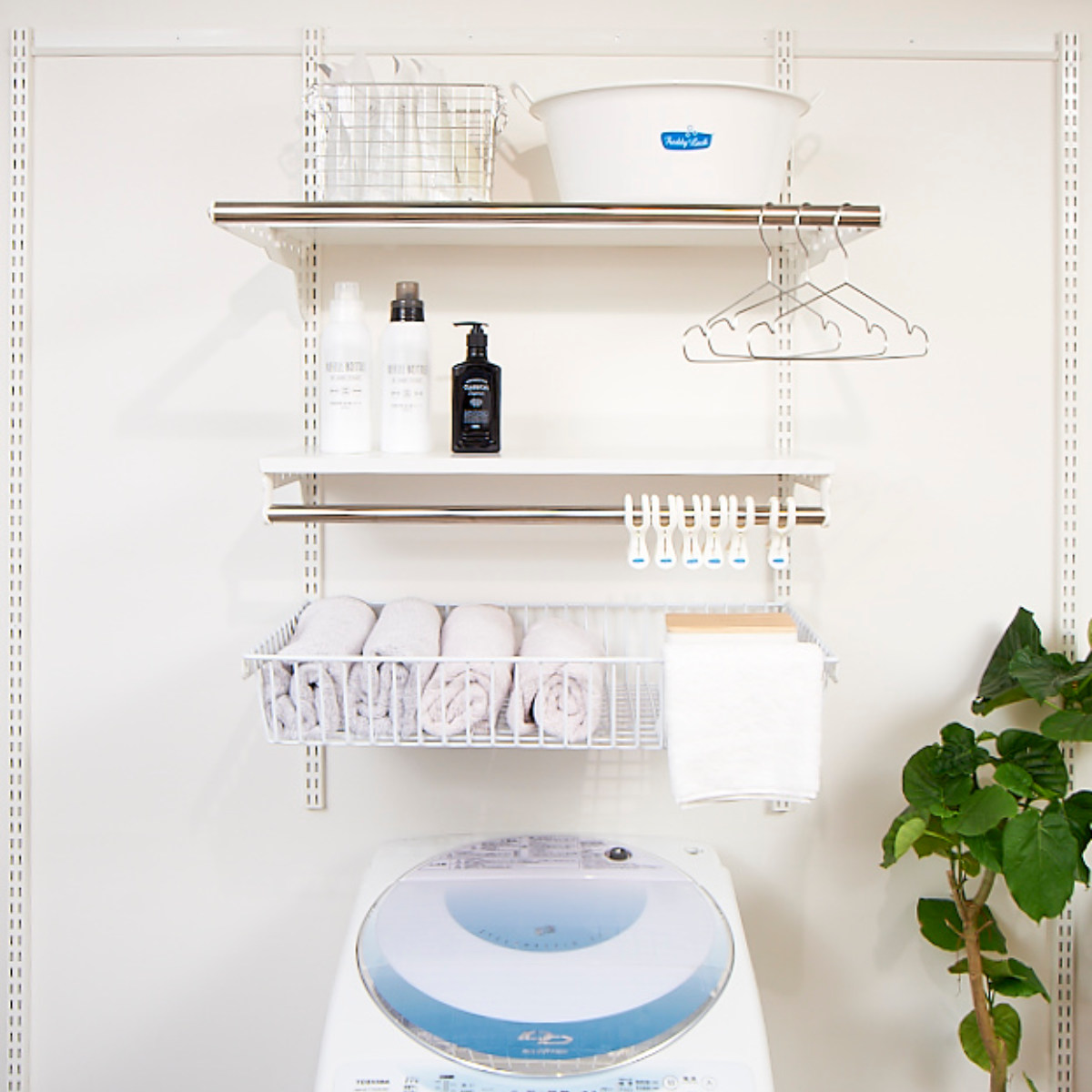 壁面収納 フィットラック ランドリー棚セット 幅45×奥行60cm 棚板奥行30cm ( 棚 ラック パイプ付き DIY 収納 ランドリーラック 洗濯機上 可動棚 洋服掛け ハンガー掛け 有効活用 収納スペース 壁掛け 壁面 洗濯 ランドリー ) 【ホワイト×ブラウン】 ホワイト×ブラウン