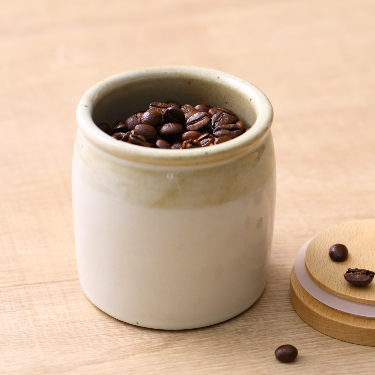 保存容器 300ml ミョルク キャニスター ( 調味料容器 調味料入れ ストッカー 密閉 せっ器 北欧 木蓋付き 丸型 砂糖 塩 コーヒー 紅茶 天然木 おしゃれ シンプル 上品 北欧風 バイカラー パッキン ) 【ナチュラル】 ナチュラル