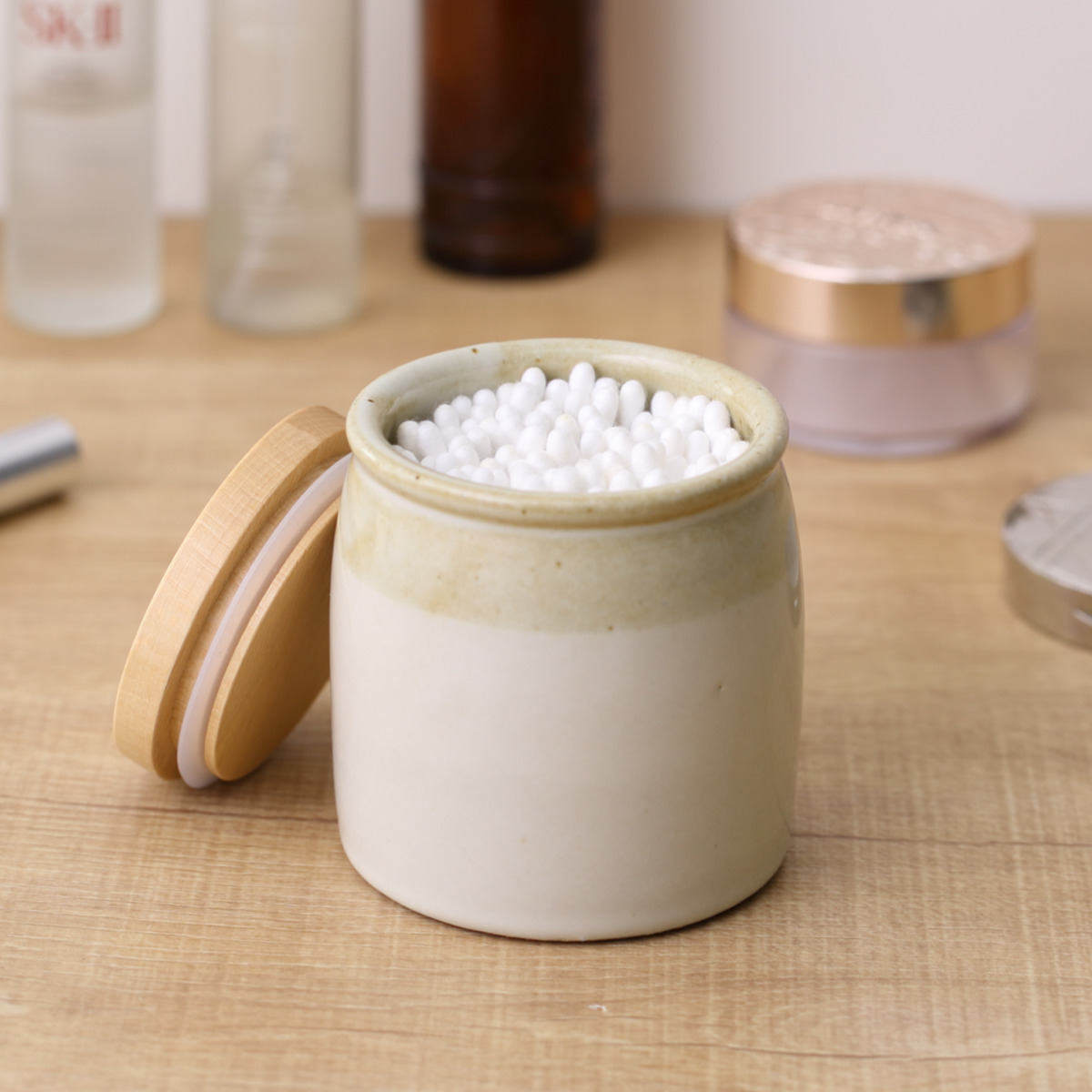 保存容器 300ml ミョルク キャニスター ( 調味料容器 調味料入れ ストッカー 密閉 せっ器 北欧 木蓋付き 丸型 砂糖 塩 コーヒー 紅茶 天然木 おしゃれ シンプル 上品 北欧風 バイカラー パッキン ) 【ナチュラル】 ナチュラル