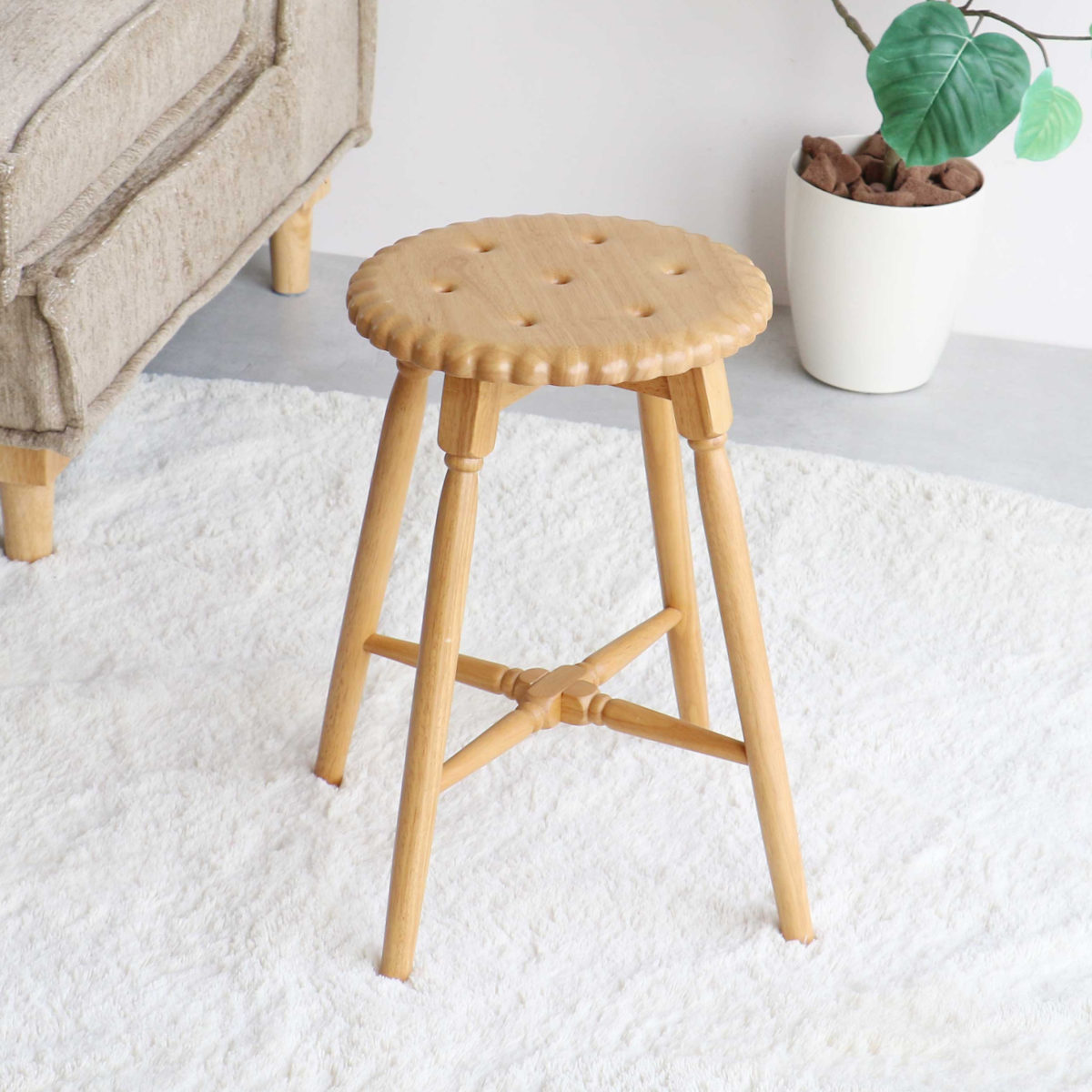 スツール ビスケット 座面高45.5cm 木製 ( 天然木 椅子 丸 ラウンド コンパクト チェア イス かわいい スイーツ お菓子 くすみカラー インテリア ) 【ナチュラル】 ナチュラル
