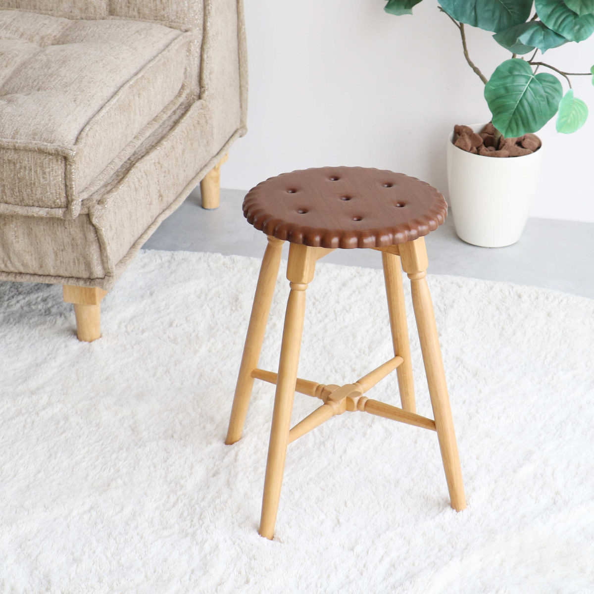 スツール ビスケット 座面高45.5cm 木製 ( 天然木 椅子 丸 ラウンド コンパクト チェア イス かわいい スイーツ お菓子 くすみカラー インテリア ) 【ナチュラル】 ナチュラル