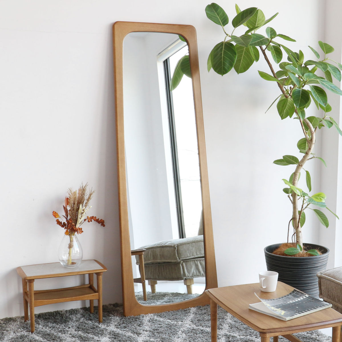 ミラー 全身 姿見鏡 幅62×高さ172cm 木製フレーム 立てかけタイプ Herit （ 鏡 姿見 全身鏡 天然木 北欧インテリア 完成品 北欧 ナチュラル オーク 無垢材 飛散防止 転倒防止 インテリア ）