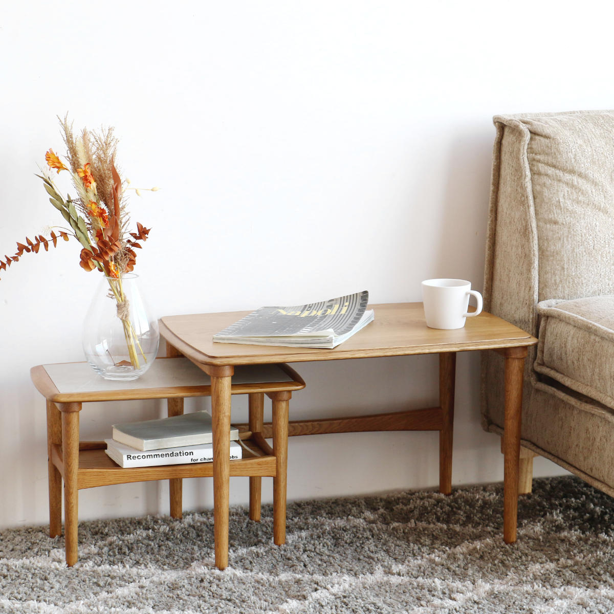 ネストテーブル 長方形タイプ 幅65cm 幅47.5cm Herit ( テーブル センターテーブル リビングテーブル 机 木製 天然木 オーク 石目調 北欧風 長方形 小さめ リビング 木製テーブル おしゃれ デスク PC ソファテーブル つくえ )