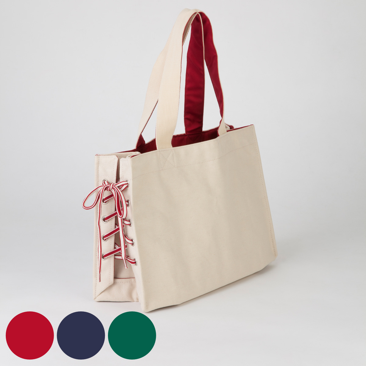 トートバッグ 大容量 3Way シューレース オシャレ （ トート バッグ マチ付き カバン 鞄 ポケット付き かばん お散歩バッグ ランチバッグ キャンバス 手提げバッグ キャンバストート レディース 大人 リボン 紐 かわいい おしゃれ ） 【レッド】