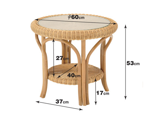 ラタンテーブル 円形 ガラス天板 棚付 籐家具 直径60cm （ アジアン ）