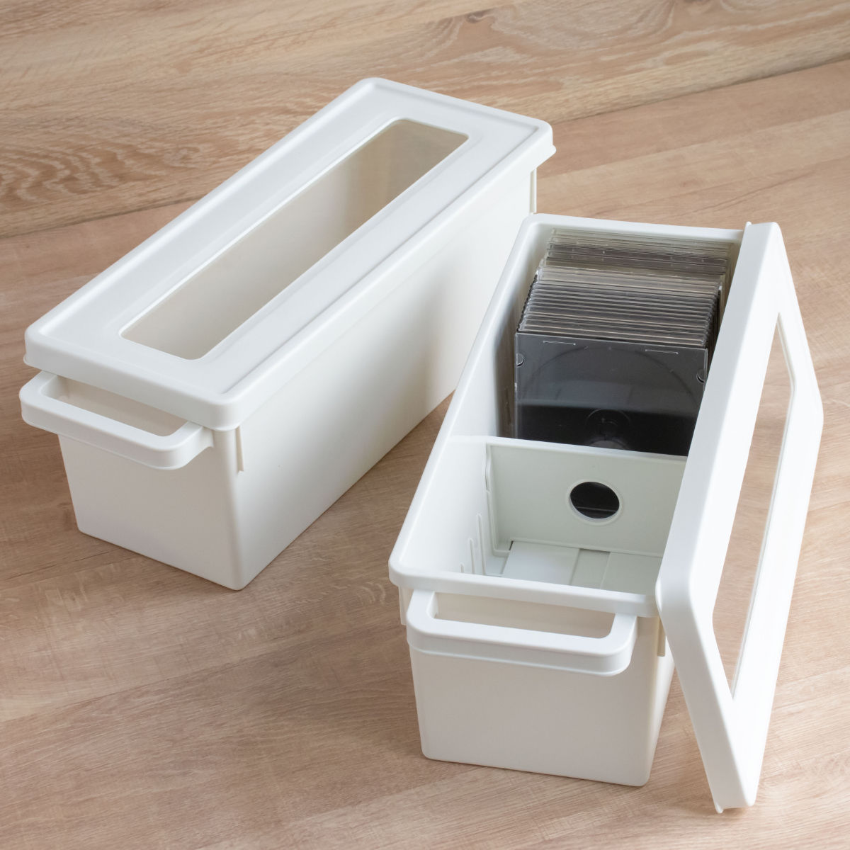 収納ケース メディアコンテナ CD用 ホワイト 幅44.9×奥行16.7×高さ16.4cm ( CD収納ケース 収納ボックス メディア収納 ボックス ケース フタ付き 仕切り付き 積み重ね プラスチック 収納 保管 整理 小物収納 )