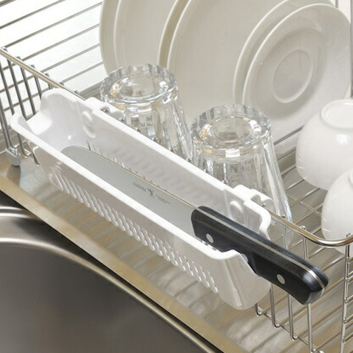 包丁スタンド 水切ラック用 包丁用 水切り ( 水切りラック 包丁 包丁差し 包丁立て 横置き 後付け ポケット 日本製 ナイフホルダー プラスチック カトラリー 乾燥 洗い物 引っ掛ける 組合せ 小物 )