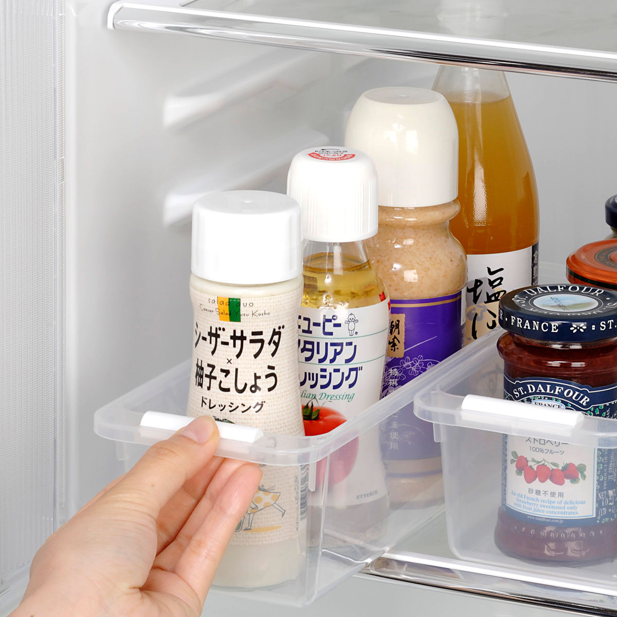 冷蔵庫収納 スリムストッカー クリア （ 収納ケース 冷蔵庫 収納トレー 冷凍庫トレー スリム 日本製 仕切り ドレッシング 瓶 冷凍室 冷蔵室 収納 トレー トレイ ケース 整理 プラスチック ）