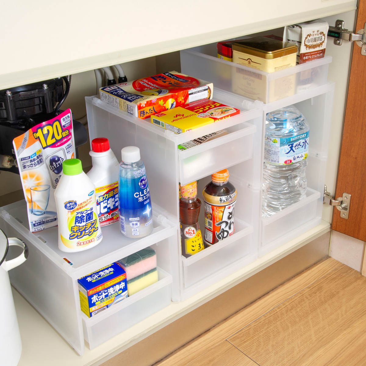 洗面下収納 フリーラック 幅22.2×奥行29.5高さ18.5cm 洗面下ラック ( 洗面下 収納 ラック 収納棚 引出し式 収納ボックス スタッキング 組み合わせ 棚 引き出し ボックス 半透明 洗面台 整理 シンク下 隙間 )