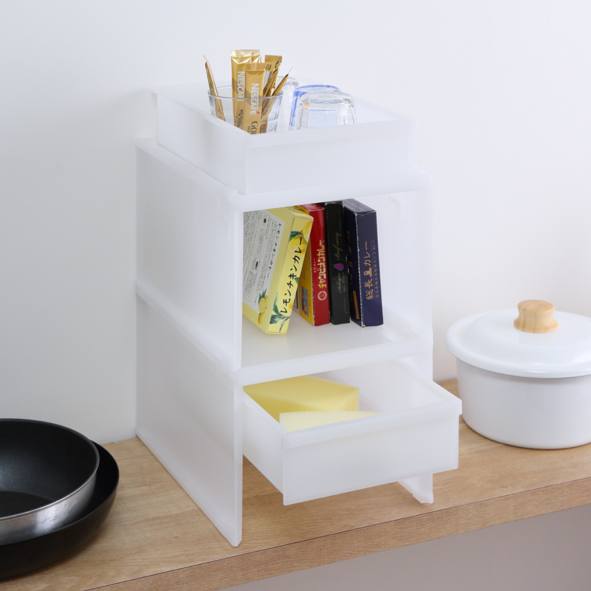 洗面下収納 フリーラック 幅22.2×奥行29.5高さ18.5cm 洗面下ラック ( 洗面下 収納 ラック 収納棚 引出し式 収納ボックス スタッキング 組み合わせ 棚 引き出し ボックス 半透明 洗面台 整理 シンク下 隙間 )