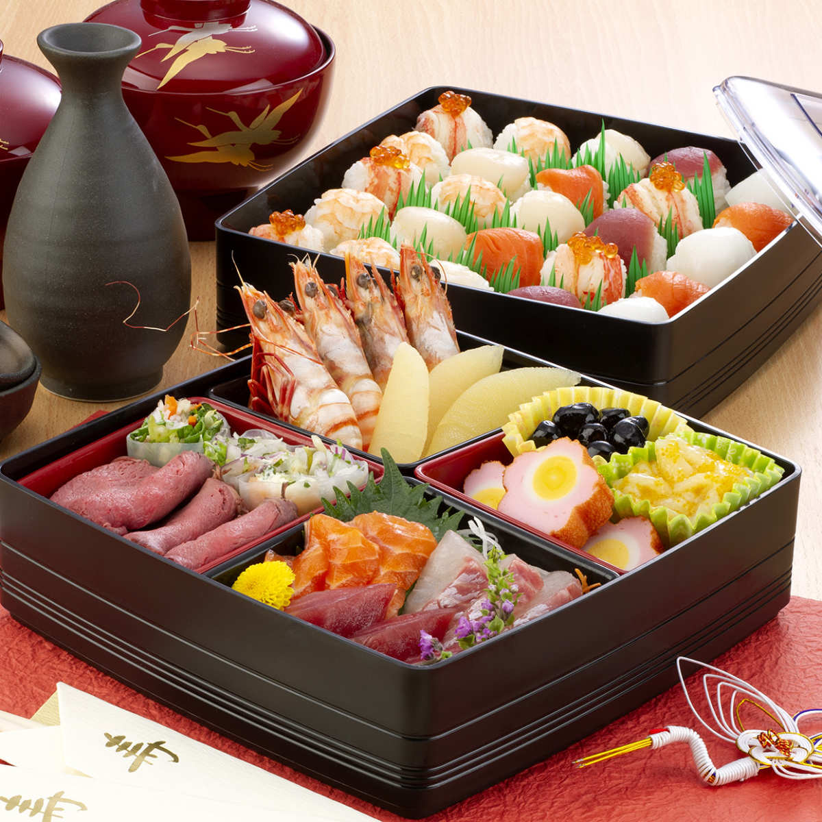 お重 彩御膳 2段 ( 御重 ファミリーランチボックス 和風 お正月 日本製 お重箱 4~5人 一段 仕切付き 中子付き 中子 無地 お弁当 入れ物 おせち 2段 シンプル オシャレ 上品 ) 【ブラック】 ブラック