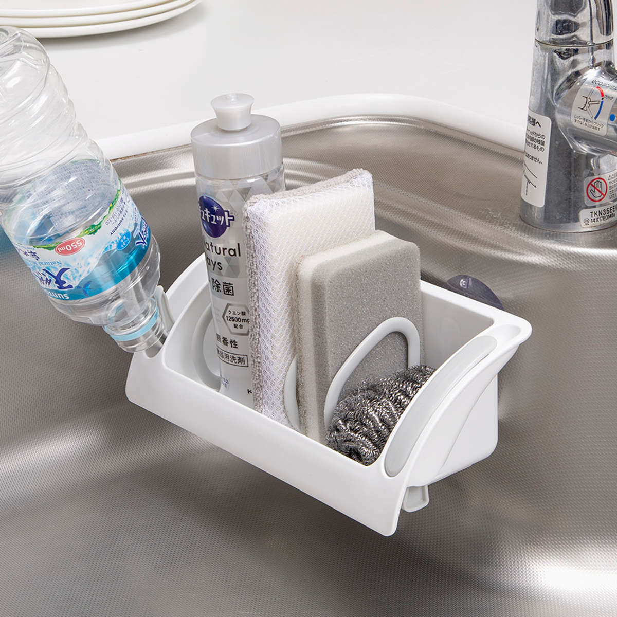 スポンジラック エコフック付き 吸盤 ( スポンジホルダー スポンジ置き たわし置き 洗剤置き 日本製 ボトルフック スポンジ入れ たわし入れ 洗剤 ボトル スポンジ たわし 紙パック キッチン 水回り シンク 収納 )