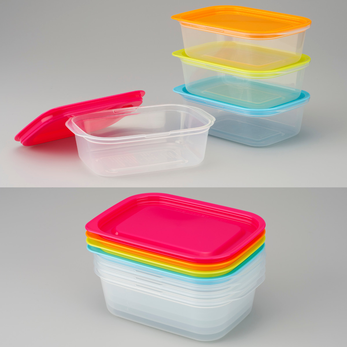 保存容器 楽ちんパック 角型 600ml 4色組 ( 容器 フードケース 電子レンジ対応 フタをしたまま 日本製 冷凍 冷蔵 洗いやすい フードコンテナ プラスチック レンジOK 作り置き 常備菜 おかず 浅型 透明 中が見える )