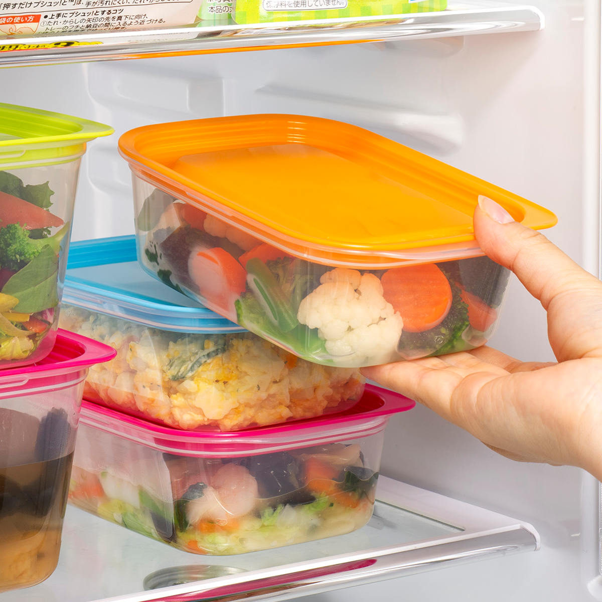 保存容器 楽ちんパック 角型 600ml 4色組 ( 容器 フードケース 電子レンジ対応 フタをしたまま 日本製 冷凍 冷蔵 洗いやすい フードコンテナ プラスチック レンジOK 作り置き 常備菜 おかず 浅型 透明 中が見える )
