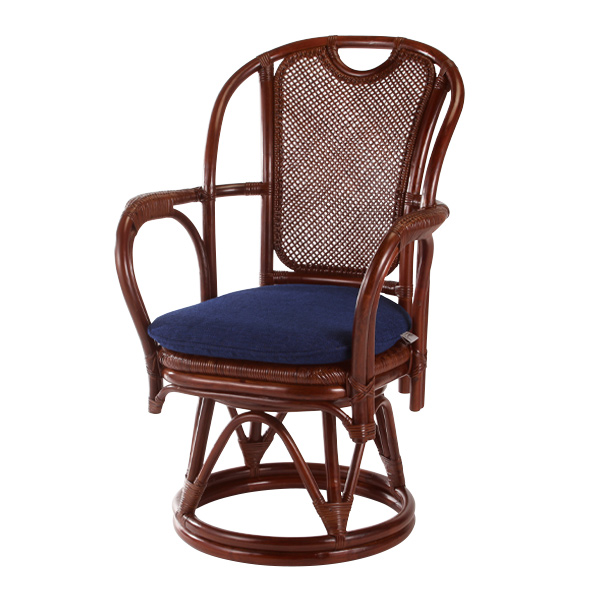 ラタンチェア 丸型バックレスト クッション付き ローチェア 回転