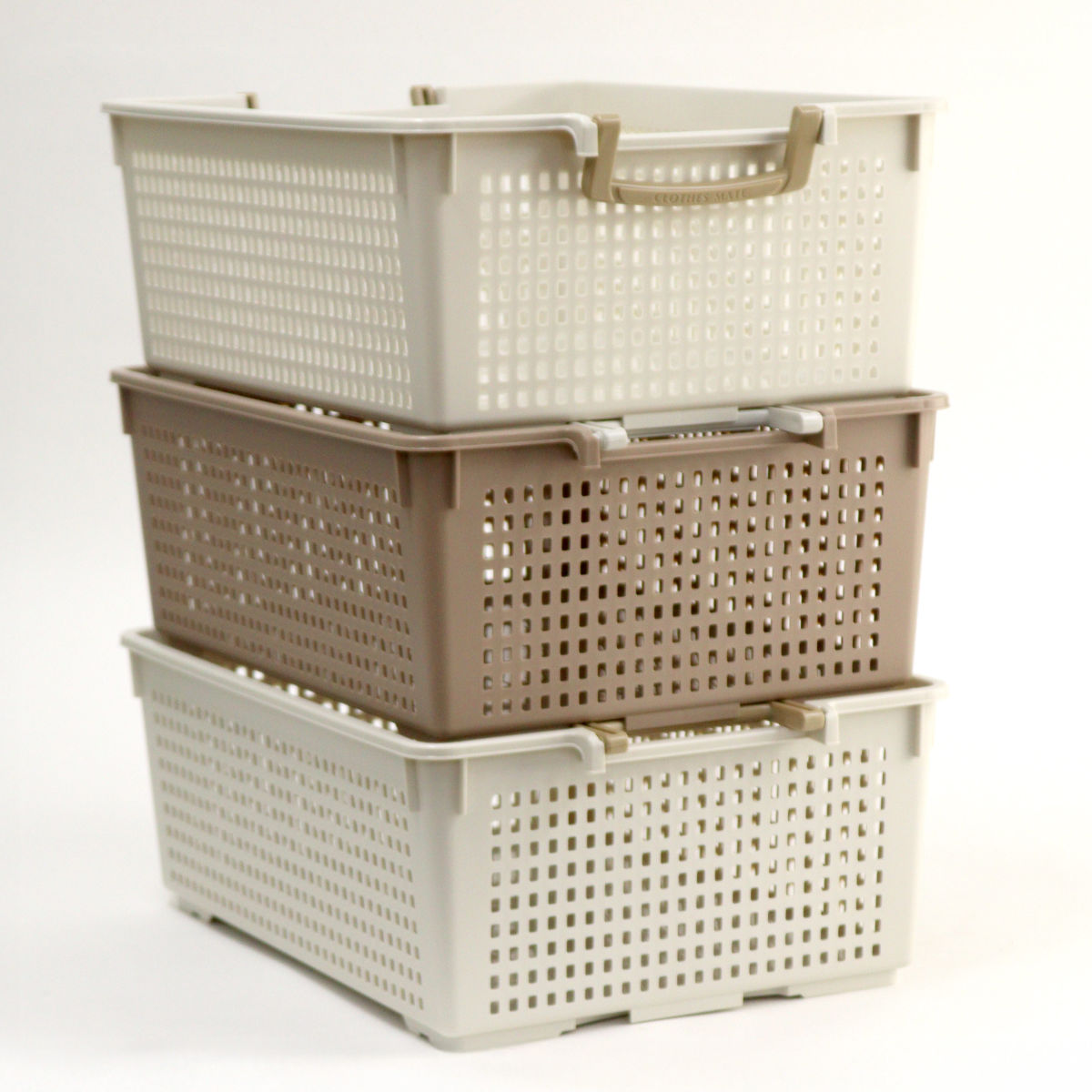 収納バスケット 衣類収納ケース フリーバスケット LLサイズ 取っ手付き 同色3個セット ( 幅35.6×奥行50.6×高さ18cm かご カゴ 収納 プラスチック おもちゃ箱 衣装ケース 積み重ね 小物入れ 収納箱 Yシャツ 収納ボックス ) 【ベージュ】 ベージュ