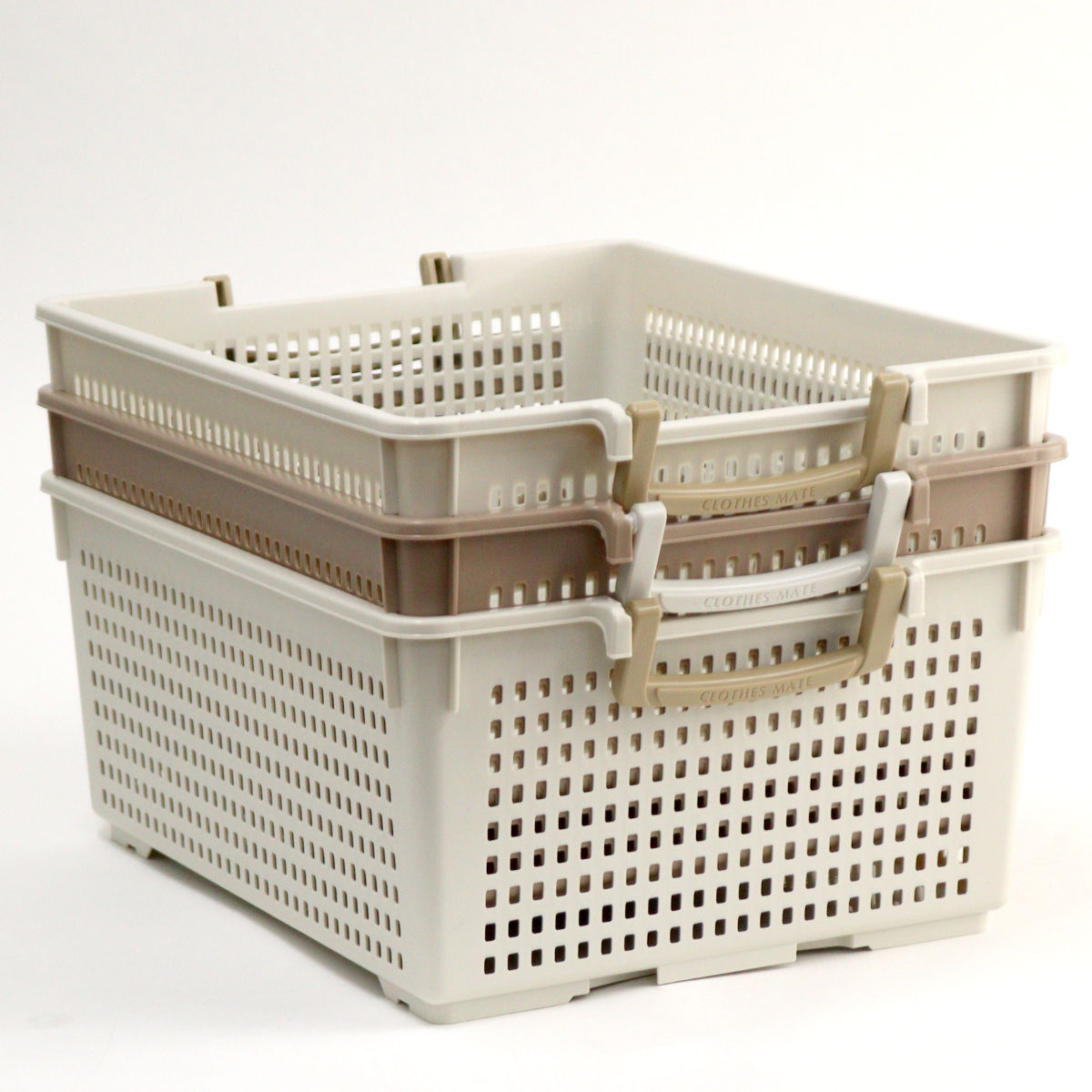 収納バスケット 衣類収納ケース フリーバスケット LLサイズ 取っ手付き 同色3個セット ( 幅35.6×奥行50.6×高さ18cm かご カゴ 収納 プラスチック おもちゃ箱 衣装ケース 積み重ね 小物入れ 収納箱 Yシャツ 収納ボックス ) 【ベージュ】 ベージュ