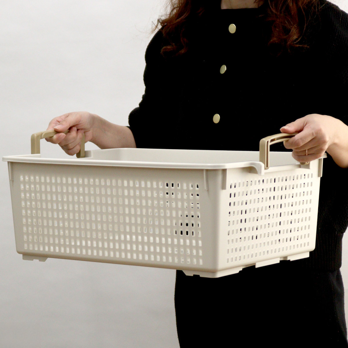 収納バスケット 衣類収納ケース フリーバスケット LLサイズ 取っ手付き 同色3個セット ( 幅35.6×奥行50.6×高さ18cm かご カゴ 収納 プラスチック おもちゃ箱 衣装ケース 積み重ね 小物入れ 収納箱 Yシャツ 収納ボックス ) 【ベージュ】 ベージュ