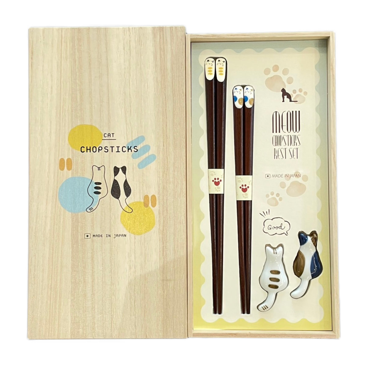 夫婦箸 桐箱 箸置付 ねこづくし ( 箸 お箸 ペア ねこ ネコ 猫 天然木 日本製 23cm 20.5cm おしゃれ かわいい アニマル 動物 箸置き 箸置 はし置き ミケ トラ )