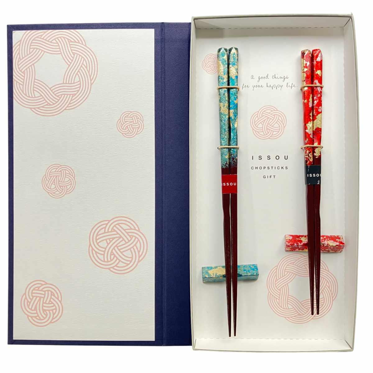 夫婦箸 一双 ブックケース京都金彩綾錦蒼&朱 ( 日本製 天然木 箸 箸置き ギフト セット 箱入り おしゃれ 和柄 ペア箸 ギフト箸 お箸 はし ハシ すべり止め加工 箸おき はし置き はしおき )