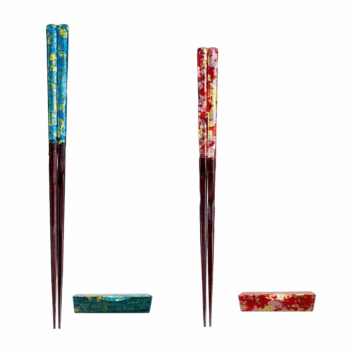 夫婦箸 一双 ブックケース京都金彩綾錦蒼&朱 ( 日本製 天然木 箸 箸置き ギフト セット 箱入り おしゃれ 和柄 ペア箸 ギフト箸 お箸 はし ハシ すべり止め加工 箸おき はし置き はしおき )