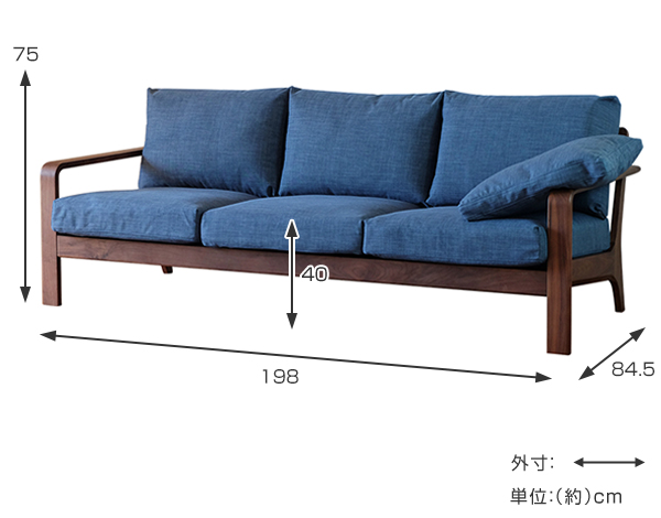 ソファ 3人掛け 北欧風 モダン ウォールナット 天然木 A TEMPO 幅198cm （ ソファー ローソファ 木製 I字 肘掛け付き アームソファ  完成品 リビングソファ 北欧モダン ウォルナット グレー ブルー ベージュ おしゃれ ） 【 ベージュ 】