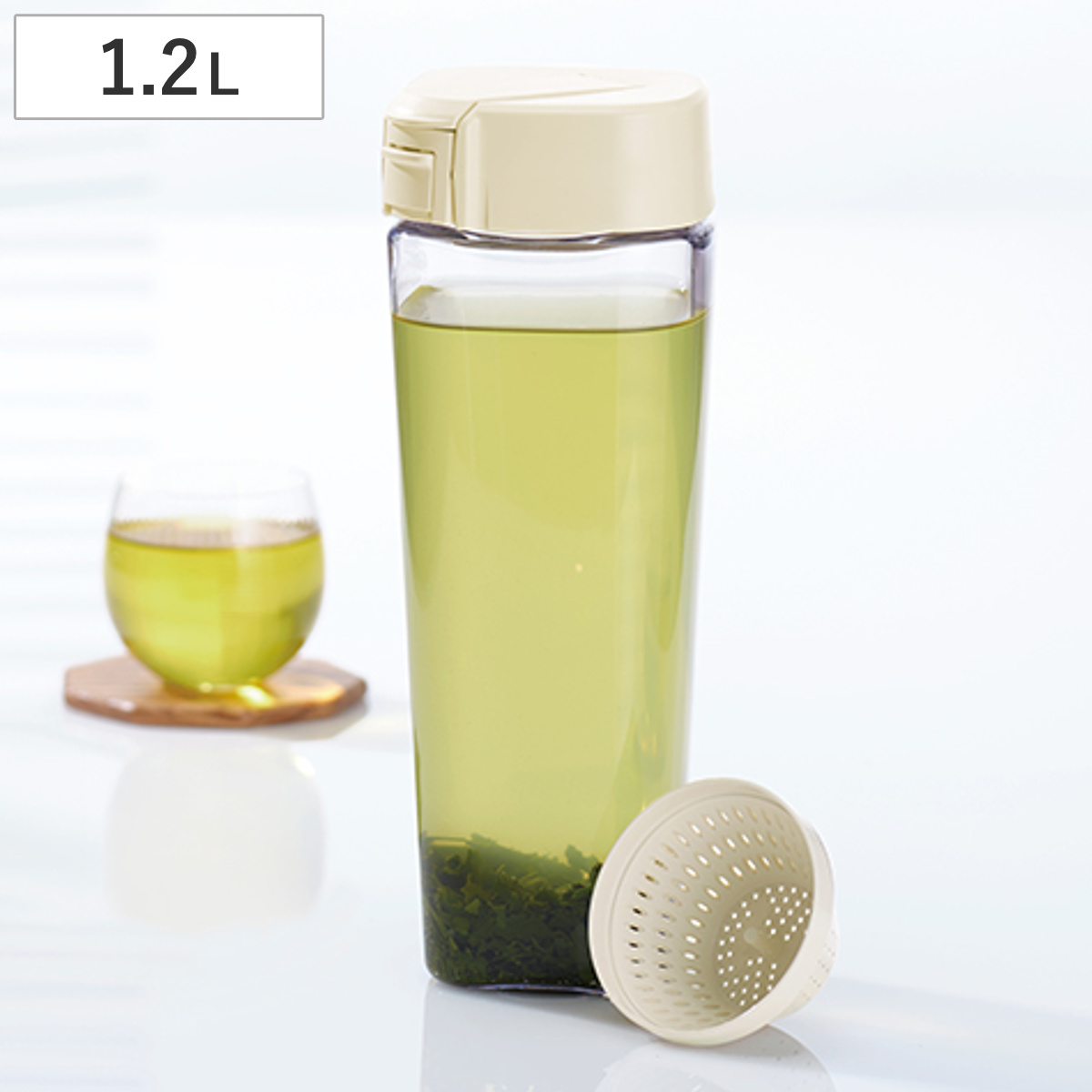 冷水筒 1.2L タテヨコ茶こし付シームレスピッチャー ( スリム ピッチャー 日本製 ワンプッシュ パッキン一体型 横置き 熱湯OK 洗いやすい 縦置き 一体型 ロック付き 防汚加工 茶こし付き ハンドルなし )