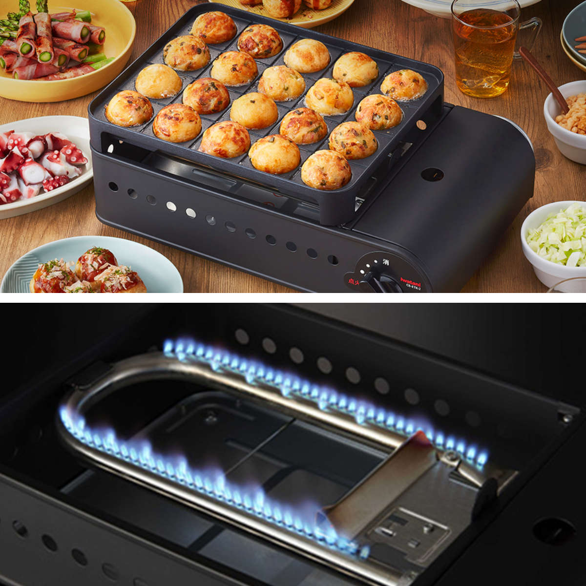 たこ焼器 カセットコンロ付き 炎たこ Iwatani ( たこ焼き器 ガス タコ焼き器 タコ焼きプレート イワタニ ガス火 たこ焼き タコ焼き コンロ 卓上 20穴 プレート フッ素加工 溝付き )