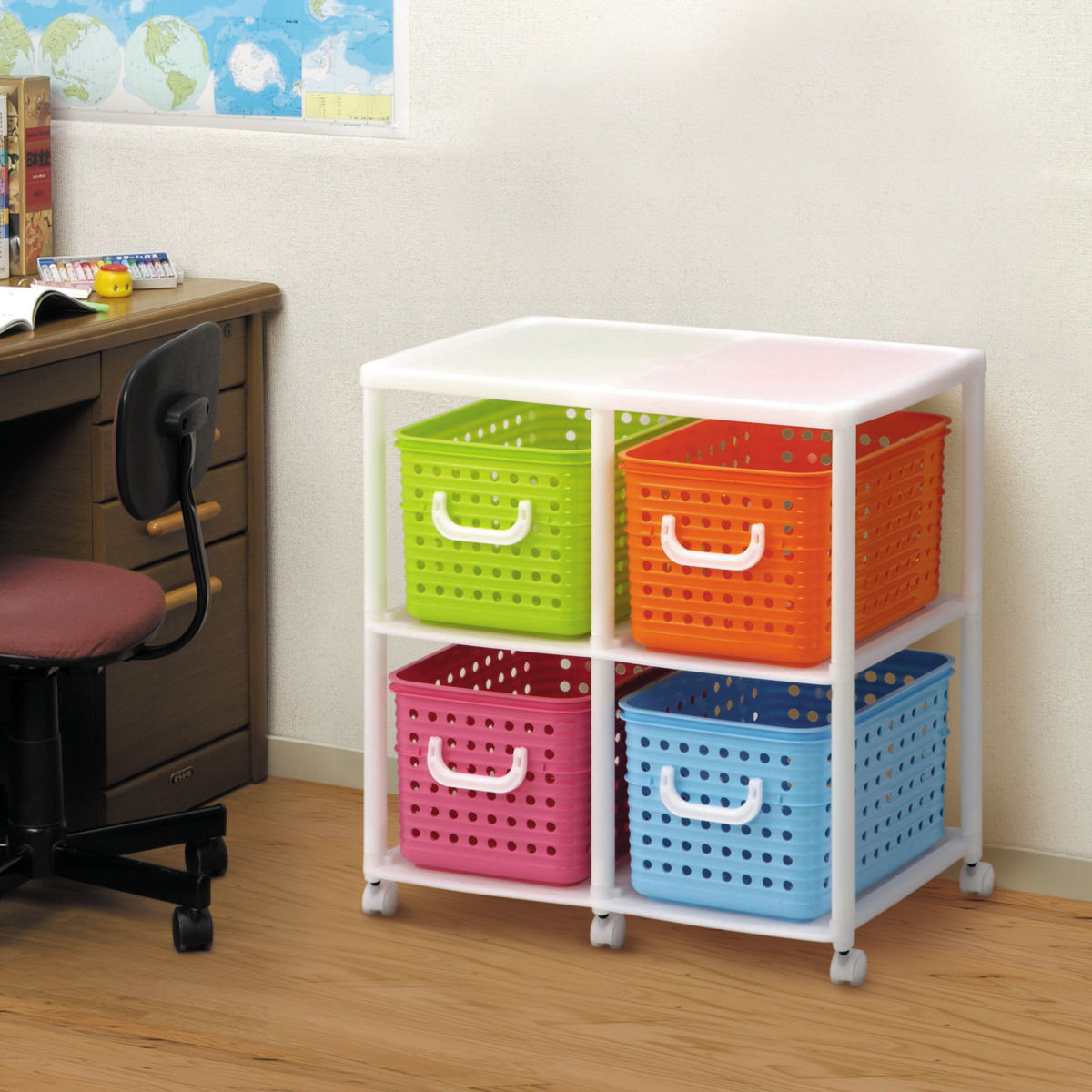 おもちゃ箱 幅66cm スリム バスケットラック 2段 キャスター付き バスケット 4個付き ( かご オモチャ入れ 収納ボックス ラック 衣類 収納 大容量 簡単組立 プラスチック 子供 子ども 引き出し ランドセルラック ランドリーラック ) 【ニュアンス】 ニュアンス