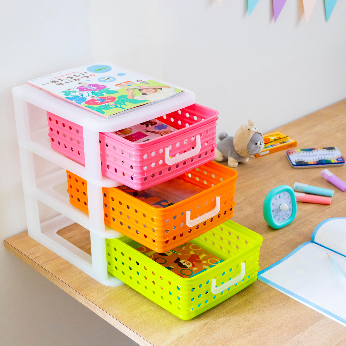 収納ケース A4 幅27.8cm 3段 卓上 ピッコロバスケット ( かご カゴ 収納ボックス 卓上収納 引き出し 子供部屋 小物収納 バスケット プラスチック製 子供 子ども 机 整理整頓 収納 ゲーム ソフト 文房具 文具 プリント )