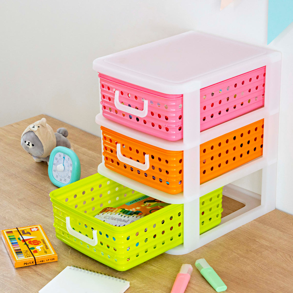 収納ケース A4 幅27.8cm 3段 卓上 ピッコロバスケット ( かご カゴ 収納ボックス 卓上収納 引き出し 子供部屋 小物収納 バスケット プラスチック製 子供 子ども 机 整理整頓 収納 ゲーム ソフト 文房具 文具 プリント )