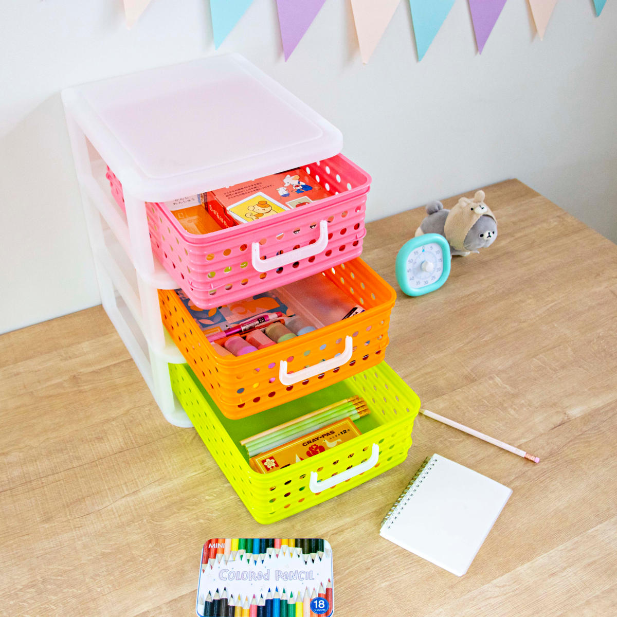 収納ケース A4 幅27.8cm 3段 卓上 ピッコロバスケット ( かご カゴ 収納ボックス 卓上収納 引き出し 子供部屋 小物収納 バスケット プラスチック製 子供 子ども 机 整理整頓 収納 ゲーム ソフト 文房具 文具 プリント )