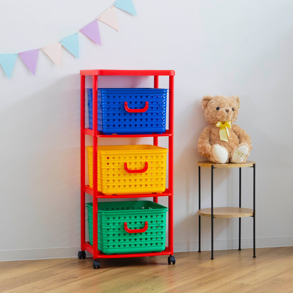 おもちゃ箱 幅44cm バスケットラック 3段 キャスター付き バスケット ( かご カゴ オモチャ入れ 収納ボックス 簡単組立 ラック 衣類 収納 大容量 プラスチック製 子供 子ども 引き出し ランドセルラック ) 【カラフル】 カラフル
