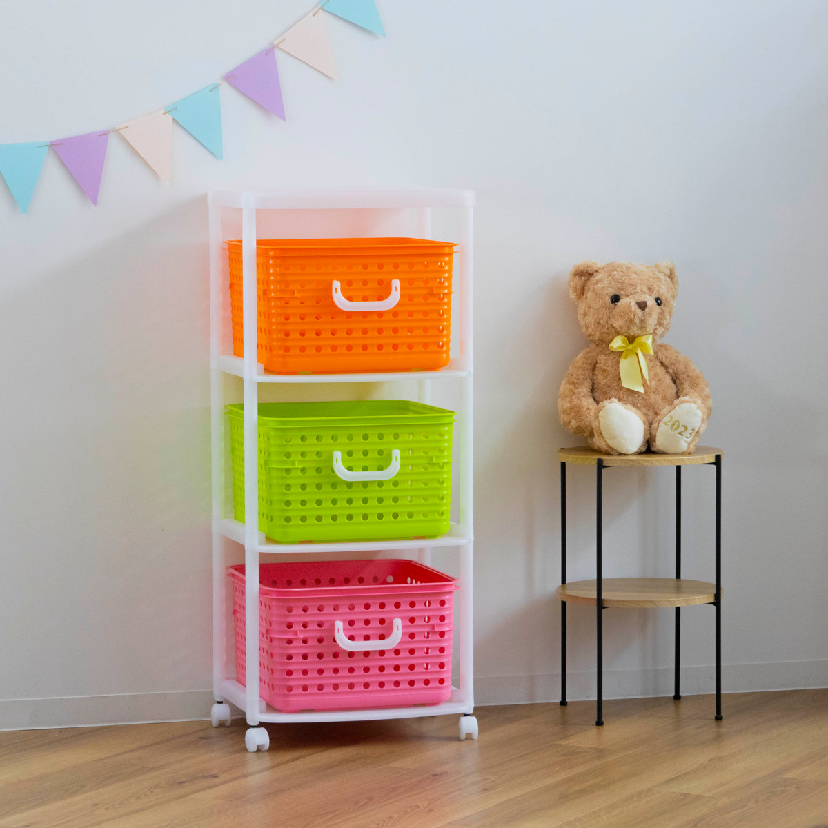 おもちゃ箱 幅44cm バスケットラック 3段 キャスター付き バスケット ( かご カゴ オモチャ入れ 収納ボックス 簡単組立 ラック 衣類 収納 大容量 プラスチック製 子供 子ども 引き出し ランドセルラック ) 【カラフル】 カラフル