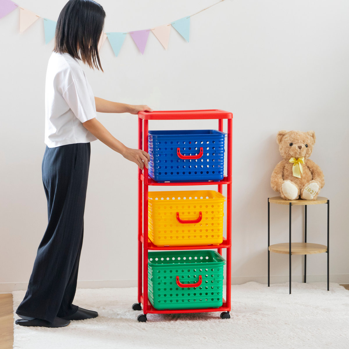 おもちゃ箱 幅44cm バスケットラック 3段 キャスター付き バスケット ( かご カゴ オモチャ入れ 収納ボックス 簡単組立 ラック 衣類 収納 大容量 プラスチック製 子供 子ども 引き出し ランドセルラック ) 【カラフル】 カラフル