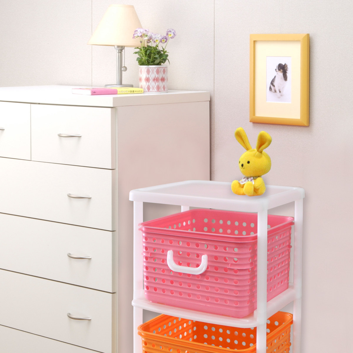 おもちゃ箱 幅44cm バスケットラック 3段 キャスター付き バスケット ( かご カゴ オモチャ入れ 収納ボックス 簡単組立 ラック 衣類 収納 大容量 プラスチック製 子供 子ども 引き出し ランドセルラック ) 【カラフル】 カラフル